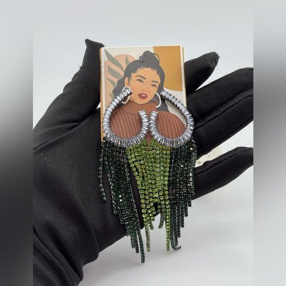 Glam Green & Black Crystal Fringe Earrings — Luxe Statement Jewelry - Picture 8 of 11